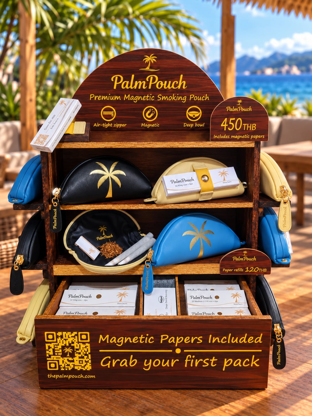 PalmPouch retail display with pouches and magnetic paper refills at Weed 365 in Srithanu