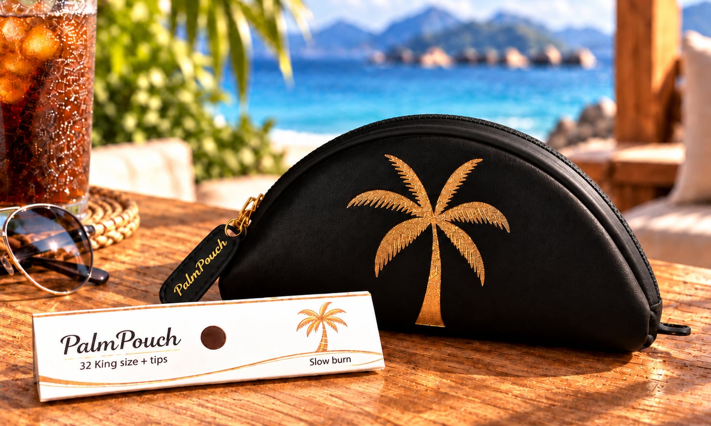 Black PalmPouch with gold palm emblem and magnetic rolling papers in a tropical setting