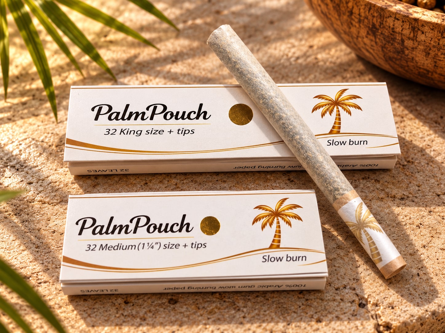King size and Medium PalmPouch paper booklets with a diagonal pre-roll and golden palm tip