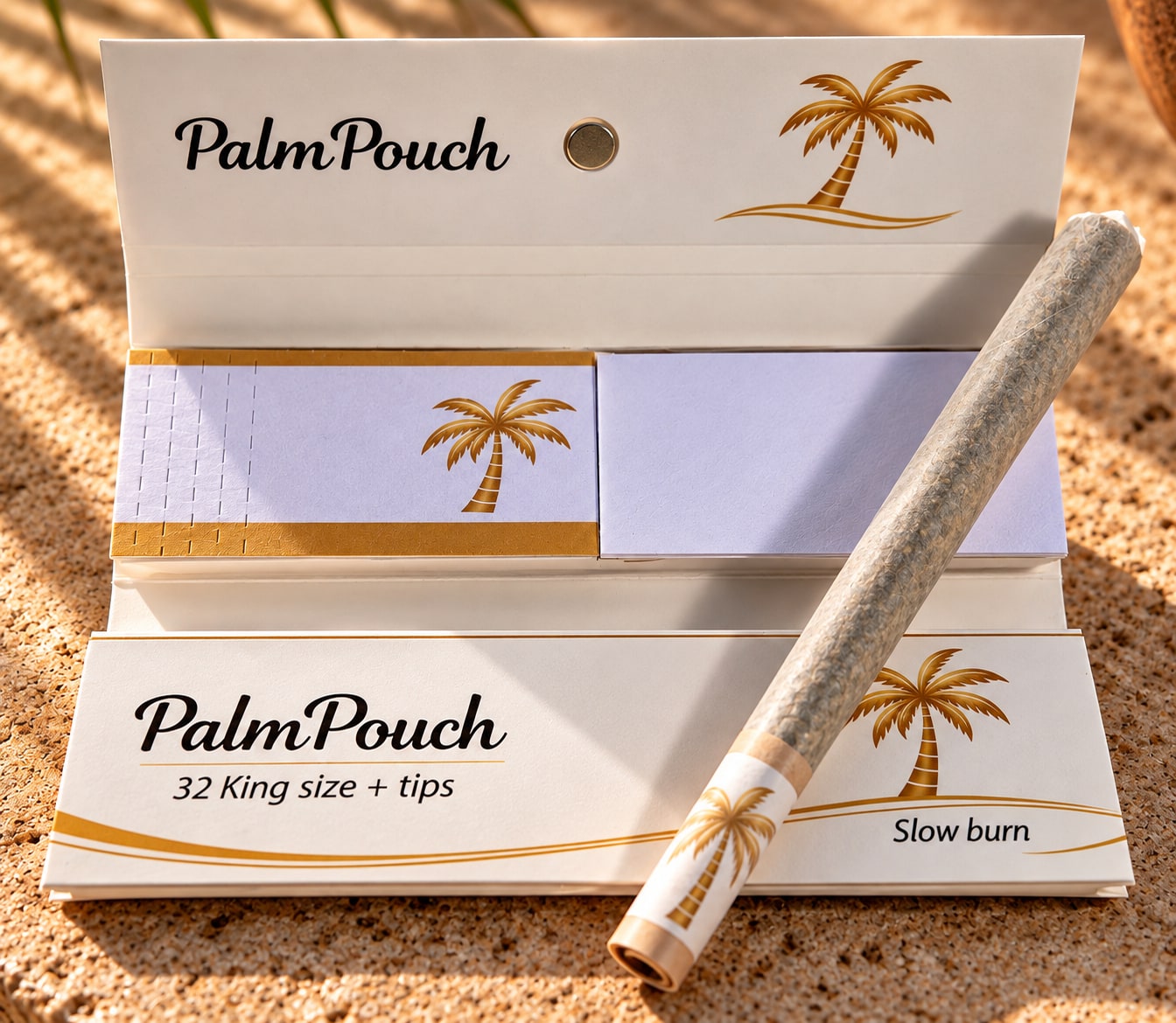 Open PalmPouch rolling-paper booklet with a pre-roll and golden palm filter